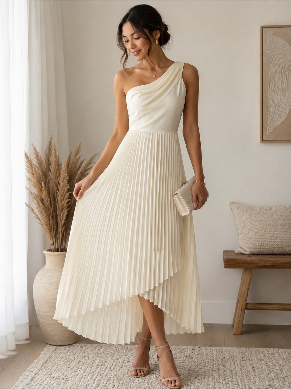 OYROSY NWT Ivory One Shoulder Pleated Midi Dress XS Bridal Wedding Grecian